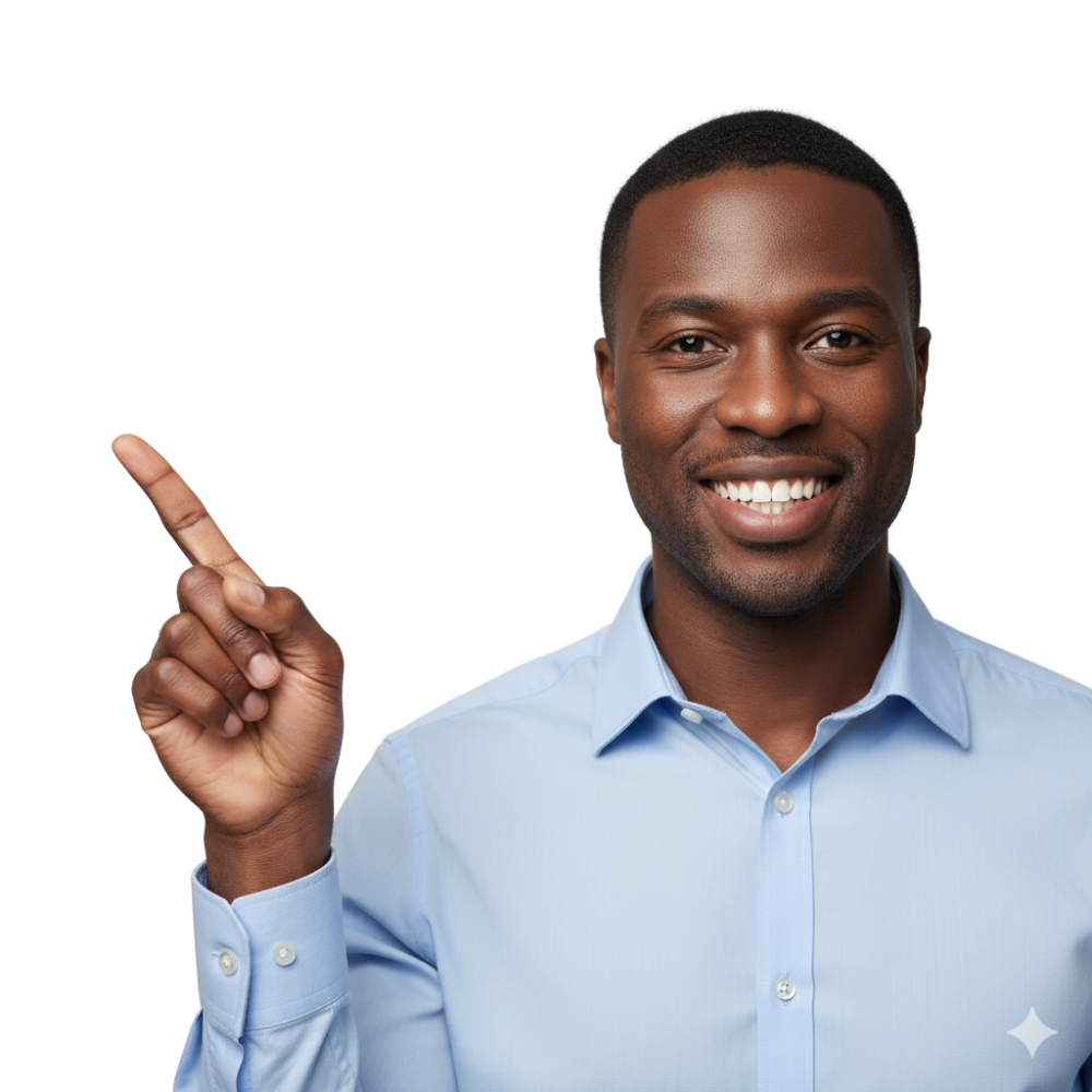 Smiling man pointing upward